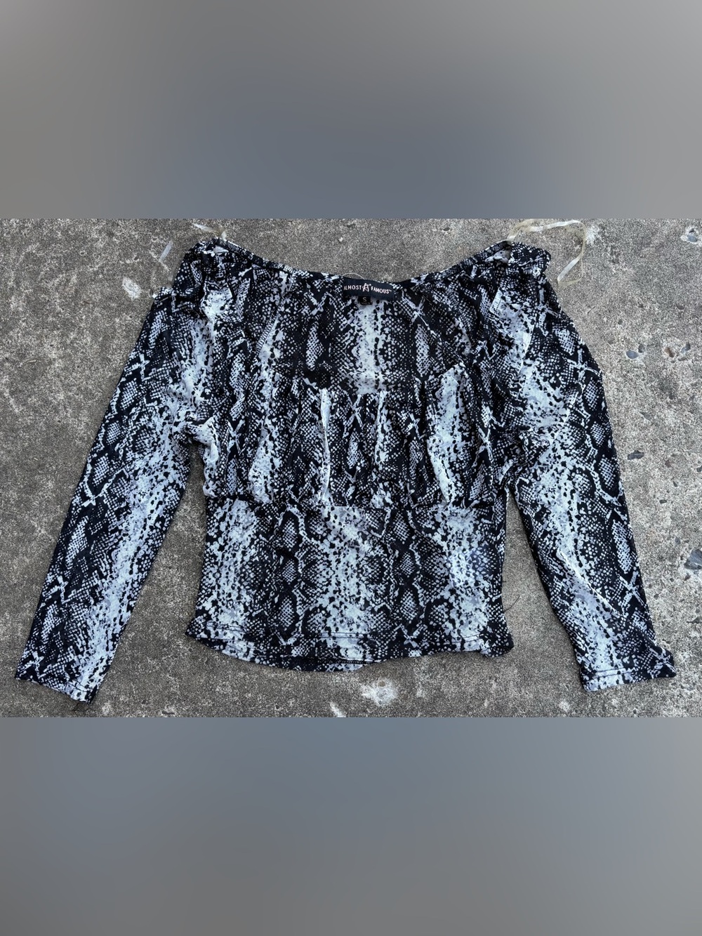 Almost Famous Black and White Snake-Print Off-Shoulder Top